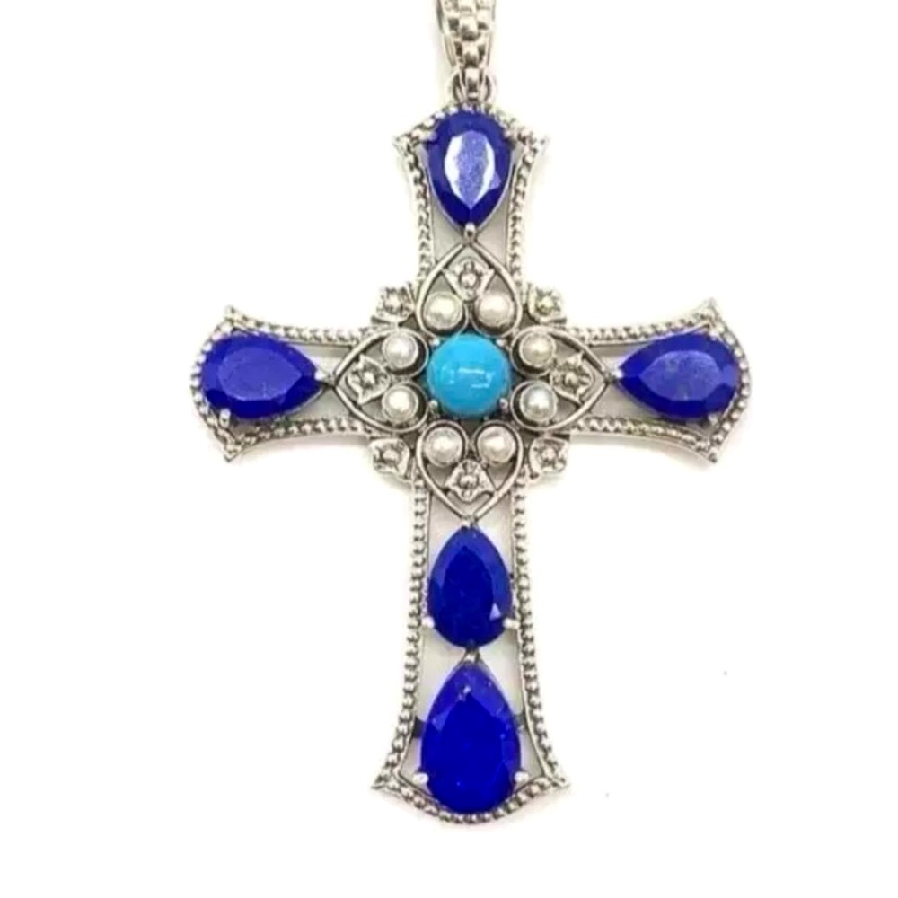 ✝️Nicky Butler 925 Silver Lapis Lazuli Turquoise Pearls Cross Necklace Brand New